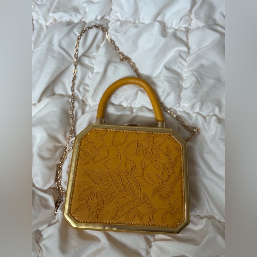Floral Embossed Yellow Handbag